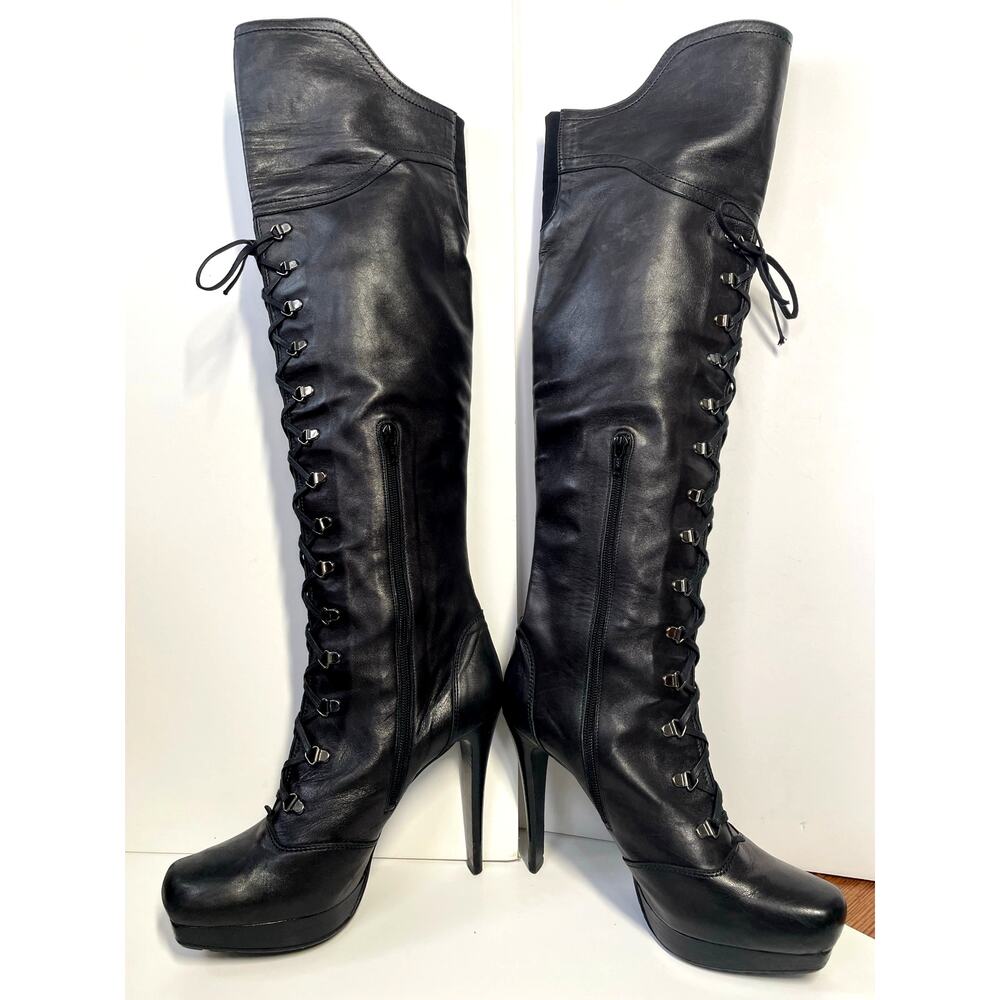 Stuart Weitzman Black Leather Lace-Up Stiletto Over The Knee Boots Size 9.5